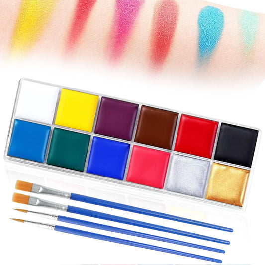Kit de pintura facial y corporal profesional. Paleta de pintura al óleo de 12 colores con 4 pinceles profesionales para artistas.